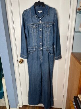 Nwt Loft 6 Denim Jumpsuit Jean Romper Wide Leg Long Sleeves Button Front New